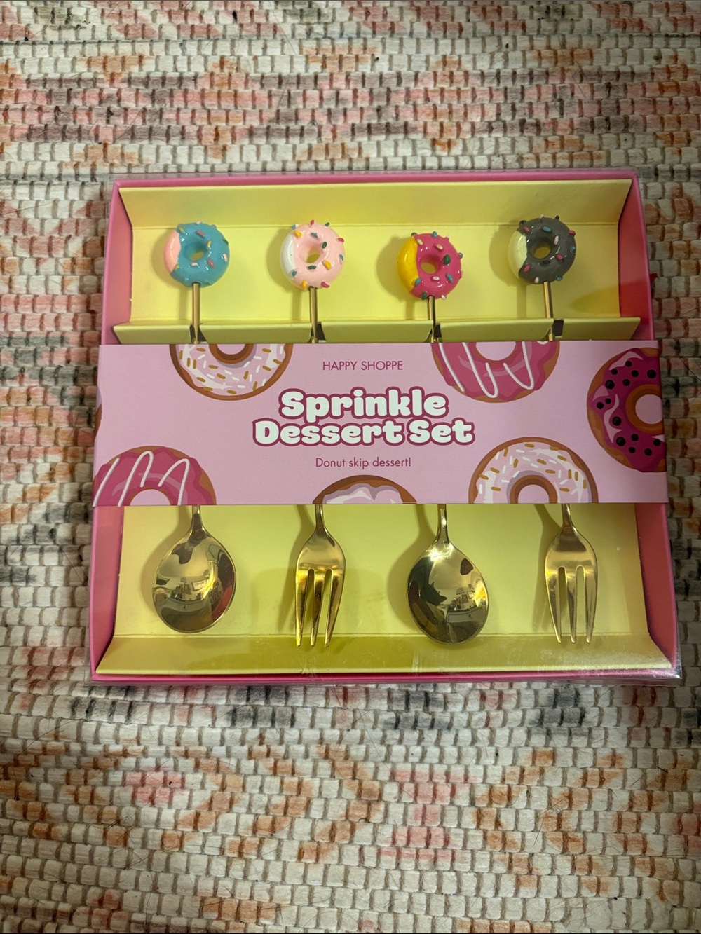 Sprinkle Dessert Set - Pink & Gold Donut Handle Dessert Forks and Spoons